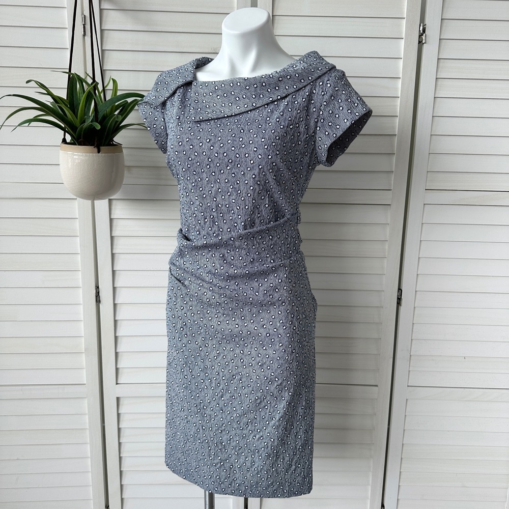 Sara Campbell Women's Sheath Dress Blue White Polka Dot Striped‎ Ruched Size 6
